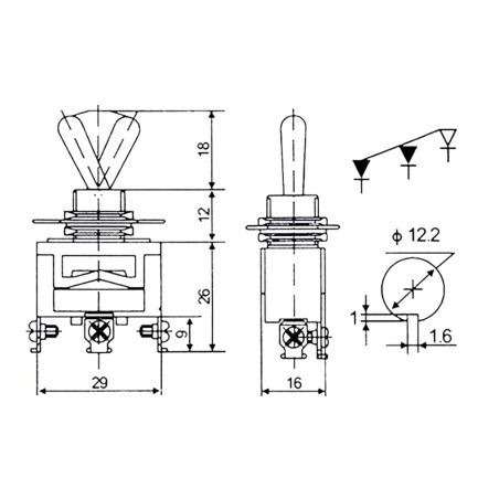 Jungiklis 1121, 3 kontaktų, 2 padėčių, ON-ON, AC250V, 10A