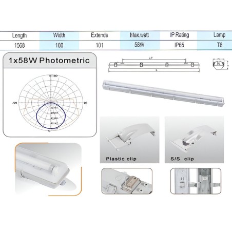 Šviestuvas SP100 liuminescencinei lempai 1x58w, T8, G13, IP65, 1,57m